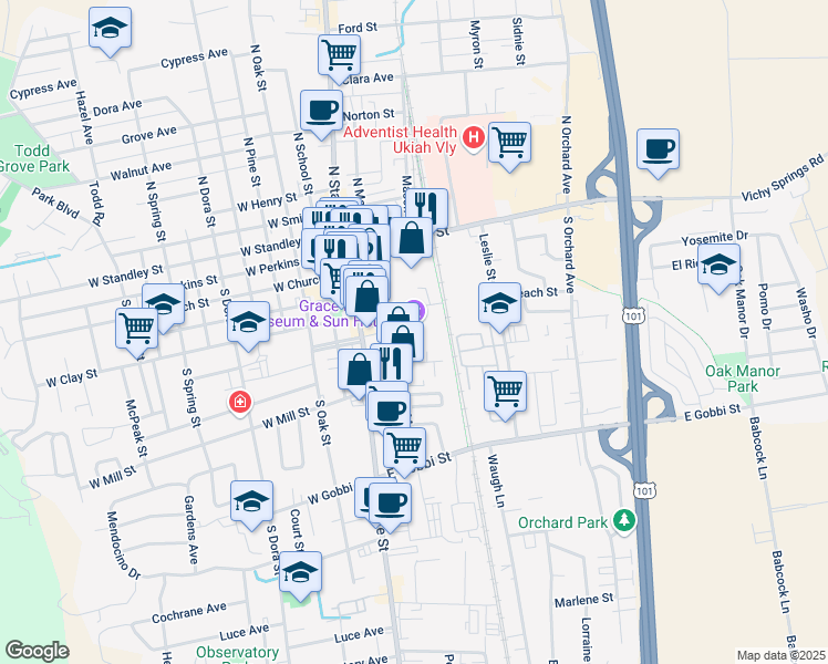 map of restaurants, bars, coffee shops, grocery stores, and more near 517 S Main St in Ukiah