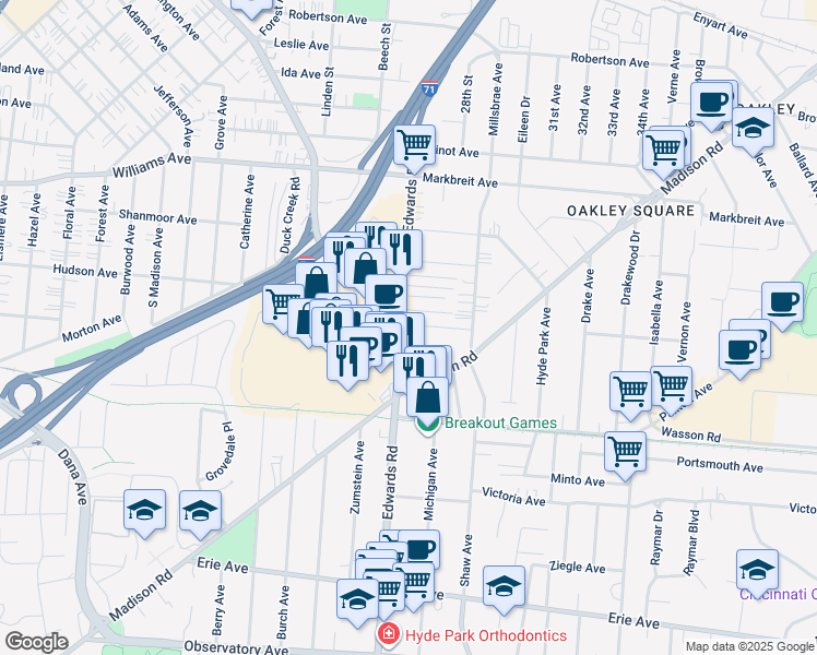 map of restaurants, bars, coffee shops, grocery stores, and more near 3752 Edwards Road in Cincinnati
