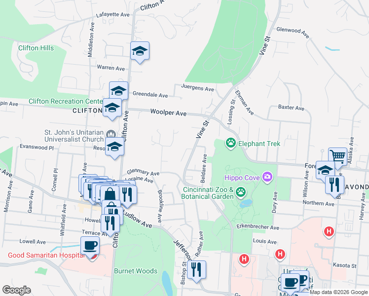 map of restaurants, bars, coffee shops, grocery stores, and more near 3555 Vine Street in Cincinnati