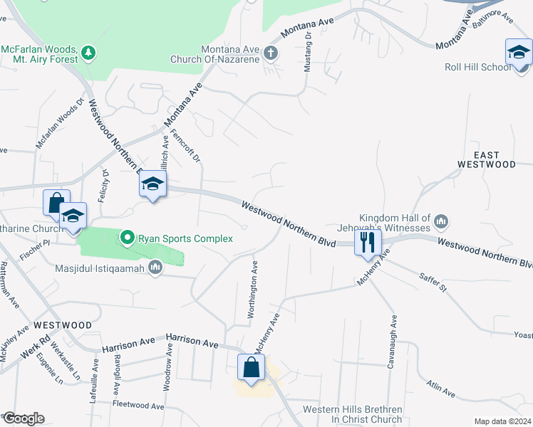 map of restaurants, bars, coffee shops, grocery stores, and more near 2500 Meyerhill Drive in Cincinnati