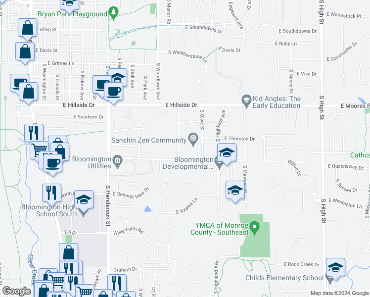 map of restaurants, bars, coffee shops, grocery stores, and more near 1019 East Miller Drive in Bloomington