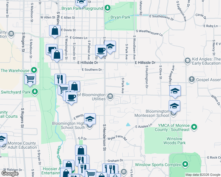 map of restaurants, bars, coffee shops, grocery stores, and more near 608 East Miller Drive in Bloomington