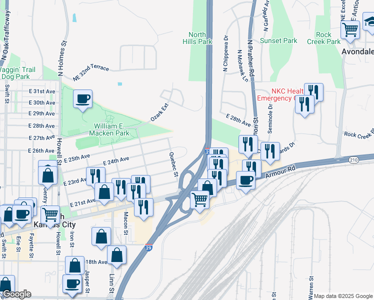 map of restaurants, bars, coffee shops, grocery stores, and more near 1611 Orleans Circle in North Kansas City