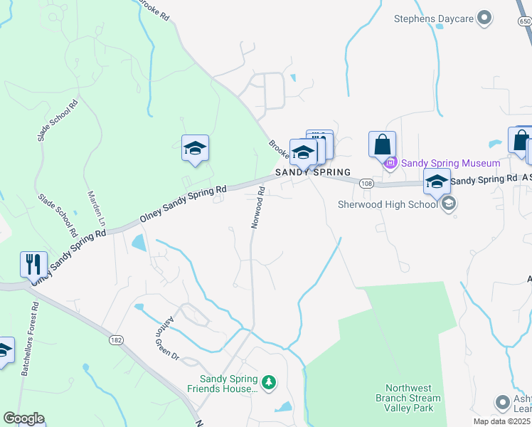 map of restaurants, bars, coffee shops, grocery stores, and more near 17729 Norwood Road in Ashton-Sandy Spring