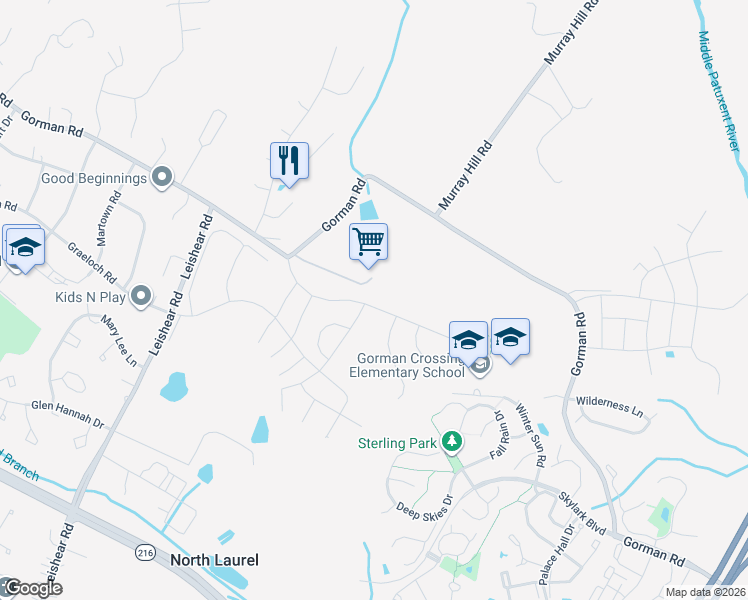 map of restaurants, bars, coffee shops, grocery stores, and more near 7459 Declan Road in Laurel