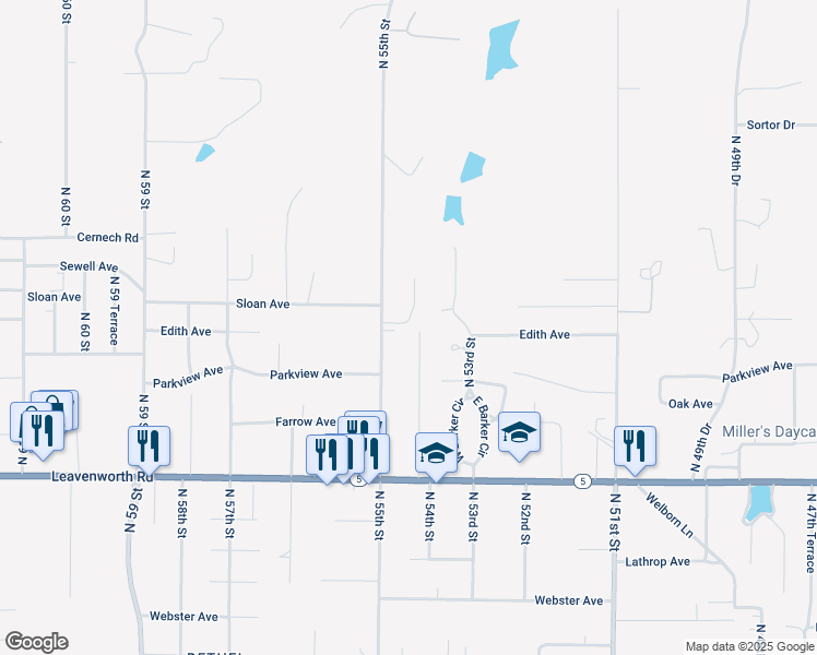 map of restaurants, bars, coffee shops, grocery stores, and more near 3323 North 54th Street in Kansas City