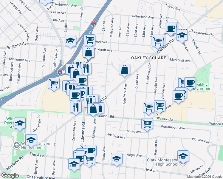 map of restaurants, bars, coffee shops, grocery stores, and more near in Cincinnati
