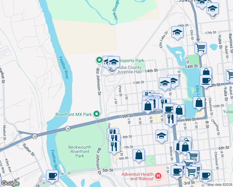 map of restaurants, bars, coffee shops, grocery stores, and more near 1121 J Street in Marysville