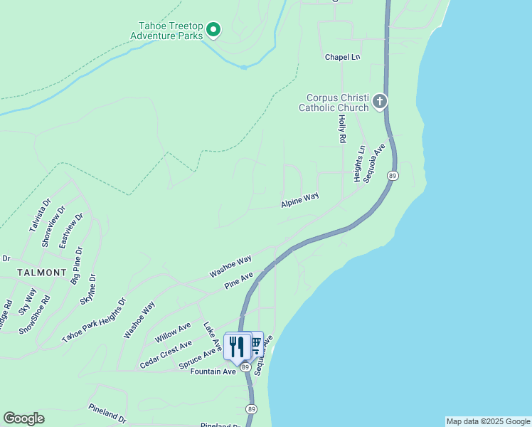 map of restaurants, bars, coffee shops, grocery stores, and more near 1395 Woodland Way in Tahoe City