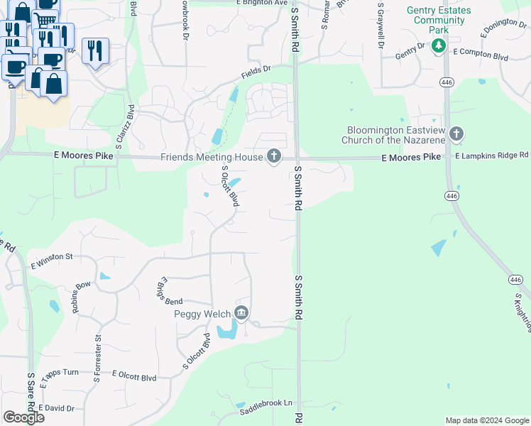 map of restaurants, bars, coffee shops, grocery stores, and more near 3709 Reed Court in Bloomington