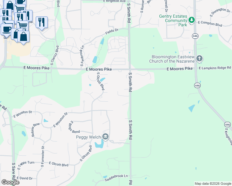 map of restaurants, bars, coffee shops, grocery stores, and more near 3709 Reed Court in Bloomington
