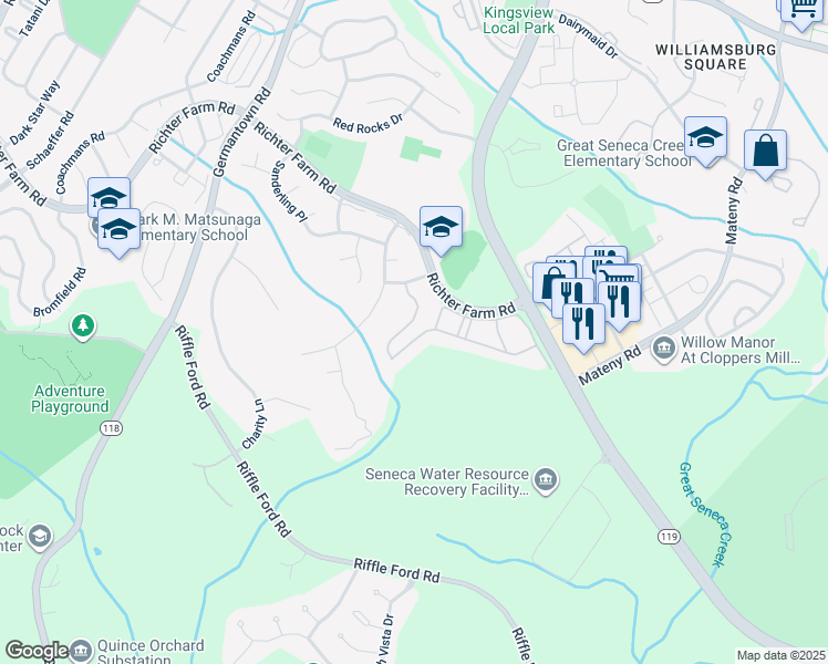 map of restaurants, bars, coffee shops, grocery stores, and more near 13534 Ansel Terrace in Germantown