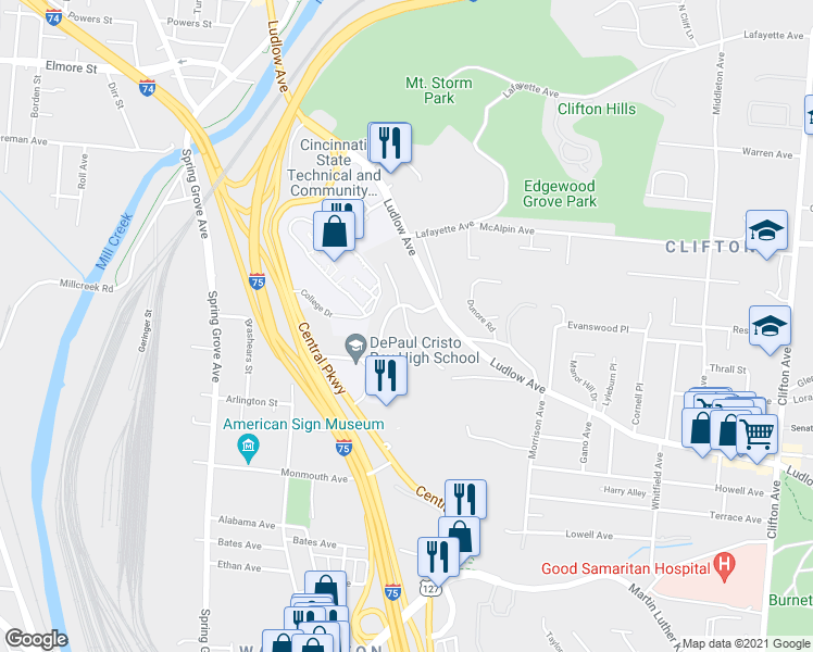 map of restaurants, bars, coffee shops, grocery stores, and more near 846 Clifton Hills Terrace in Cincinnati