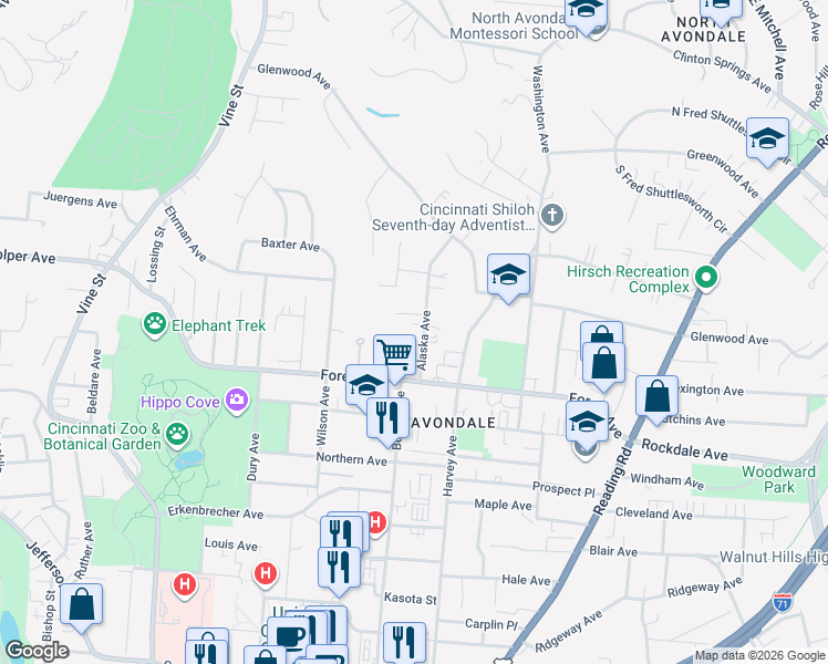 map of restaurants, bars, coffee shops, grocery stores, and more near 3565 Alaska Avenue in Cincinnati