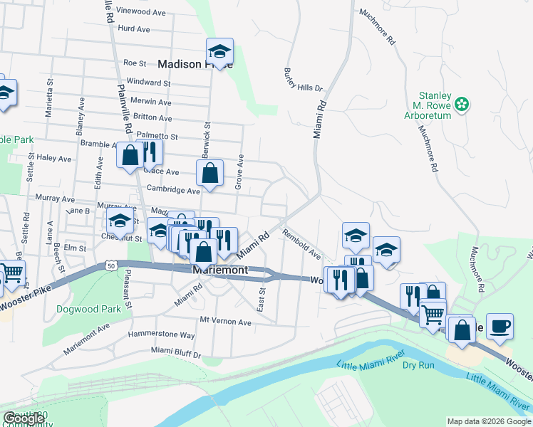 map of restaurants, bars, coffee shops, grocery stores, and more near 3962 Miami Road in Cincinnati