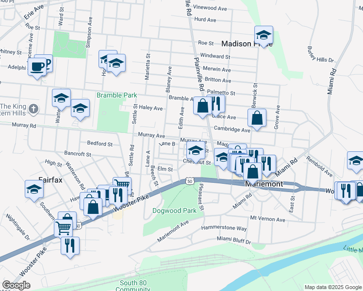 map of restaurants, bars, coffee shops, grocery stores, and more near 6 Lane H in Cincinnati
