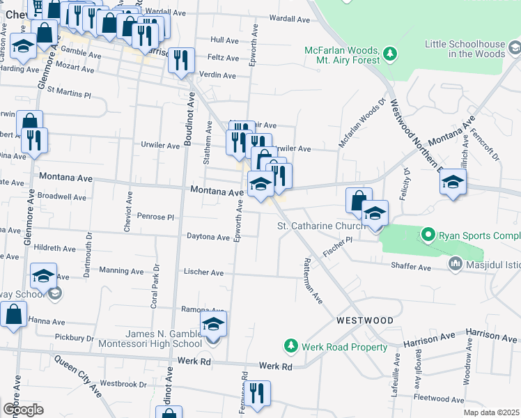 map of restaurants, bars, coffee shops, grocery stores, and more near 3316 Koenig Avenue in Cincinnati