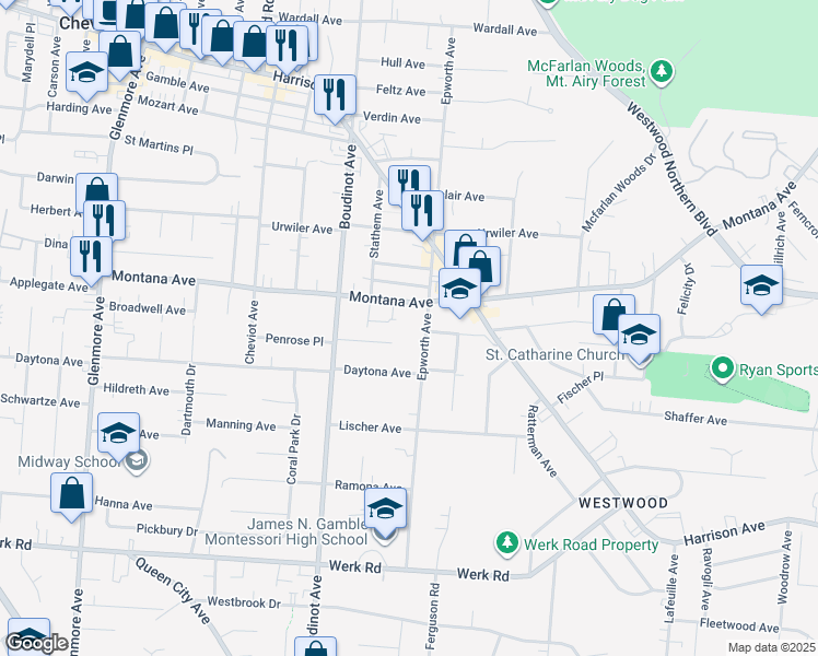 map of restaurants, bars, coffee shops, grocery stores, and more near 3314 Epworth Avenue in Cincinnati