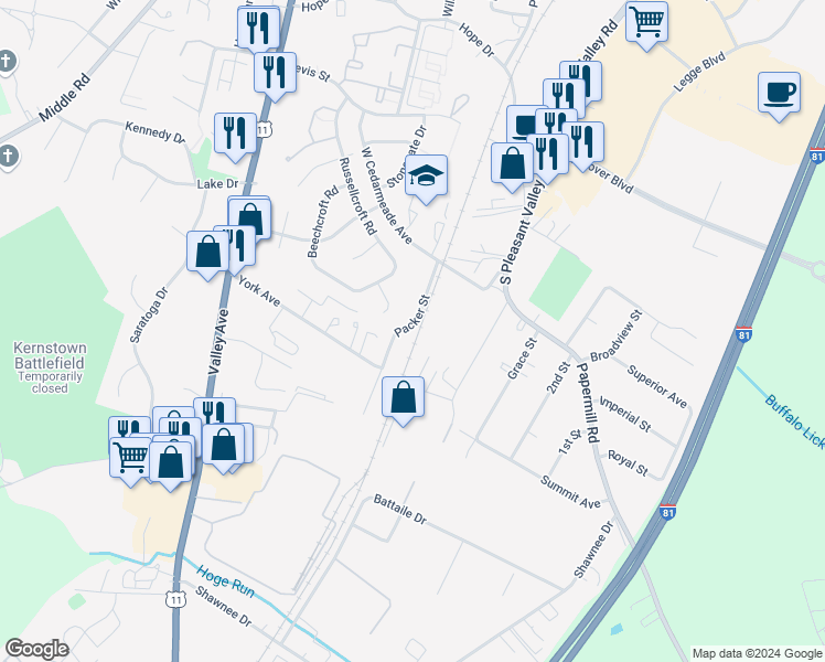 map of restaurants, bars, coffee shops, grocery stores, and more near 2872 Packer Street in Winchester