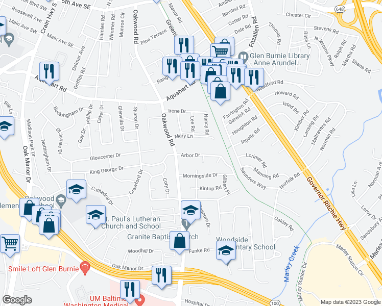 map of restaurants, bars, coffee shops, grocery stores, and more near 410 Arbor Drive in Glen Burnie