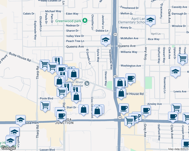 map of restaurants, bars, coffee shops, grocery stores, and more near 1334 El Dorado Lane in Yuba City