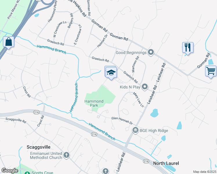 map of restaurants, bars, coffee shops, grocery stores, and more near 8110 Leishear Road in Laurel