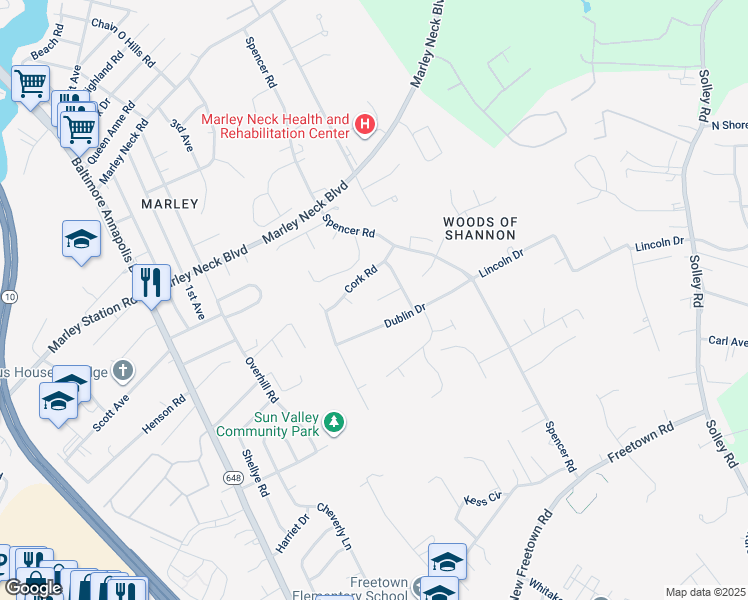 map of restaurants, bars, coffee shops, grocery stores, and more near 376 Jamie Court in Glen Burnie