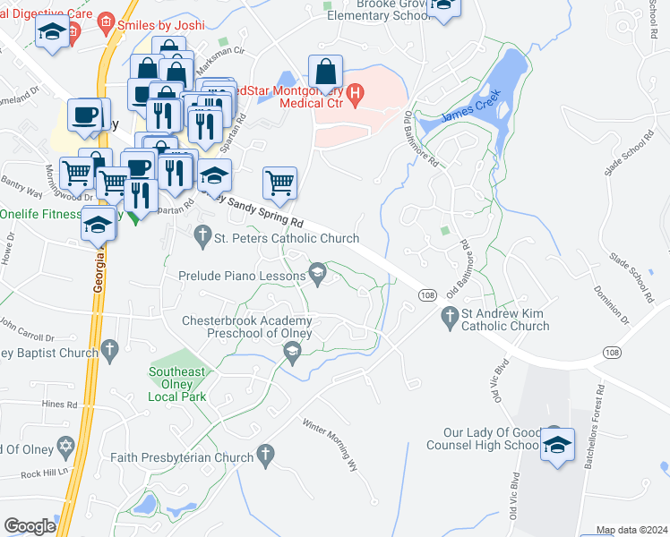 map of restaurants, bars, coffee shops, grocery stores, and more near 3207 Saint Augustine Court in Olney