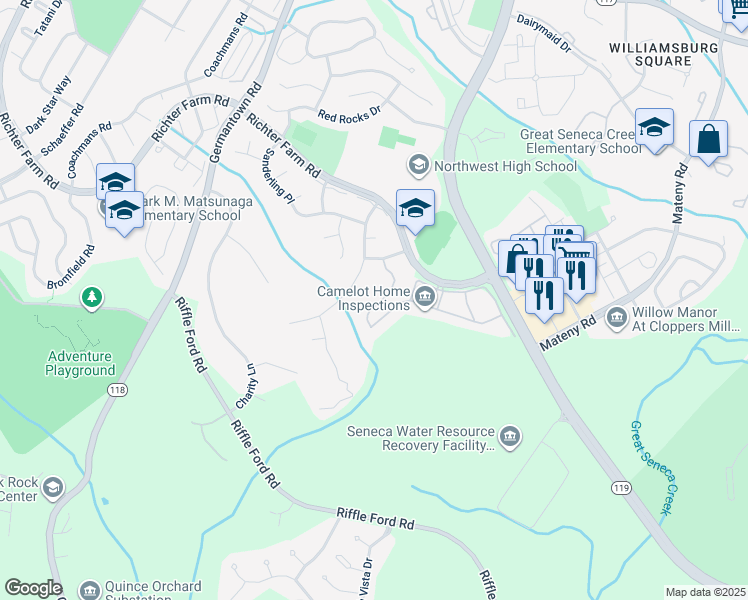 map of restaurants, bars, coffee shops, grocery stores, and more near 13630 Ansel Terrace in Germantown