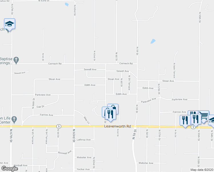 map of restaurants, bars, coffee shops, grocery stores, and more near 3349 North 61st Street in Kansas City