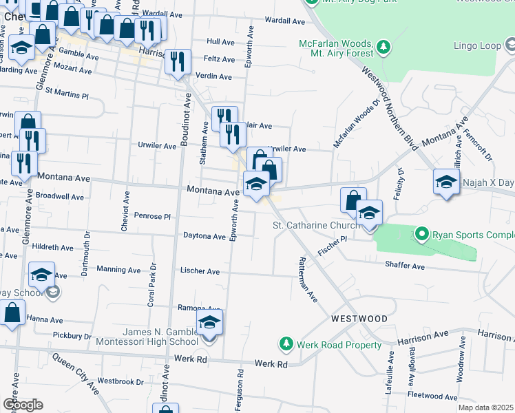 map of restaurants, bars, coffee shops, grocery stores, and more near 2981 Montana Avenue in Cincinnati