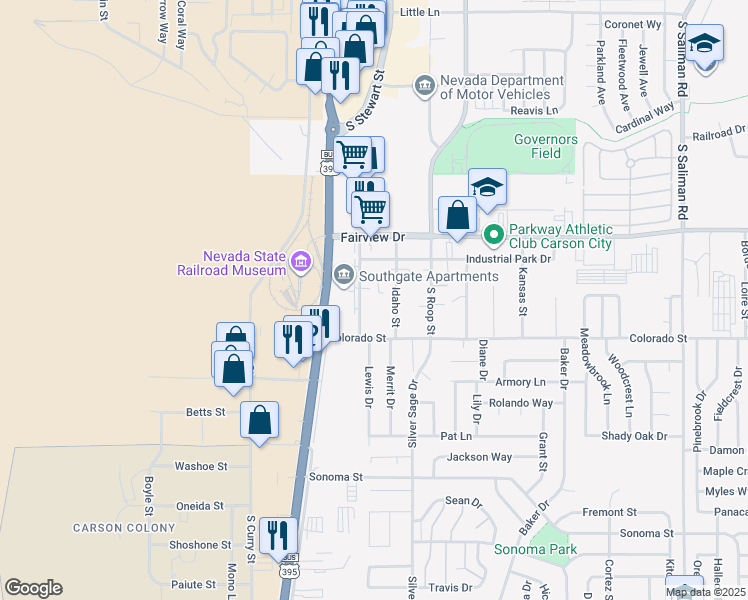 map of restaurants, bars, coffee shops, grocery stores, and more near 2061 West Sheffield Manor in Carson City