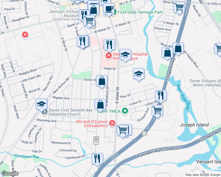 map of restaurants, bars, coffee shops, grocery stores, and more near 901 South Bradford Street in Dover