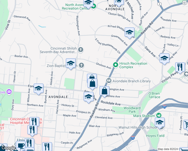 map of restaurants, bars, coffee shops, grocery stores, and more near 656 Glenwood Avenue in Cincinnati