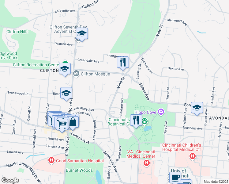 map of restaurants, bars, coffee shops, grocery stores, and more near 3589 Vine Street in Cincinnati