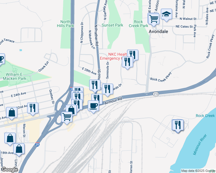 map of restaurants, bars, coffee shops, grocery stores, and more near 2611 Seminole Drive in North Kansas City