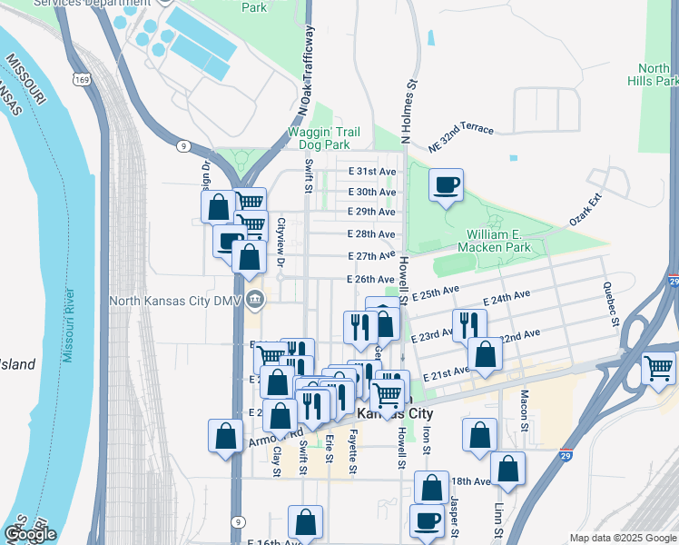 map of restaurants, bars, coffee shops, grocery stores, and more near 336 East 27th Avenue in North Kansas City