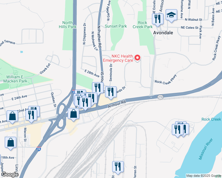 map of restaurants, bars, coffee shops, grocery stores, and more near 2611 Seminole Drive in North Kansas City