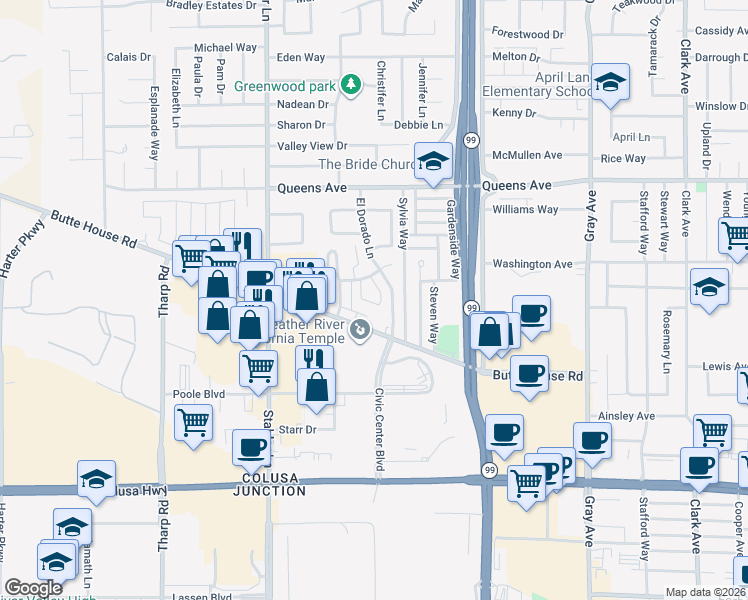 map of restaurants, bars, coffee shops, grocery stores, and more near 1390 Dustin Drive in Yuba City