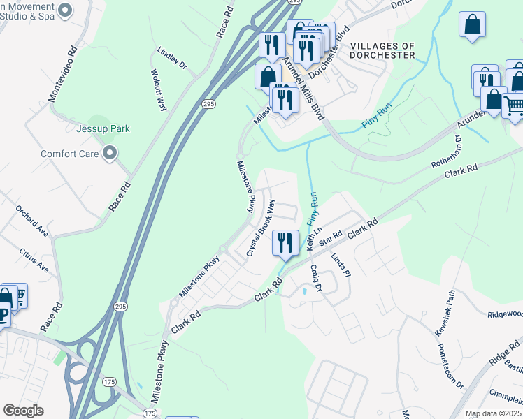 map of restaurants, bars, coffee shops, grocery stores, and more near 7624 Elmcrest Road in Hanover