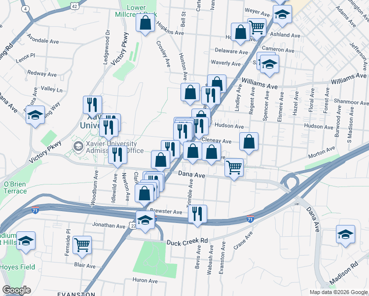 map of restaurants, bars, coffee shops, grocery stores, and more near 3725 Montgomery Road in Cincinnati