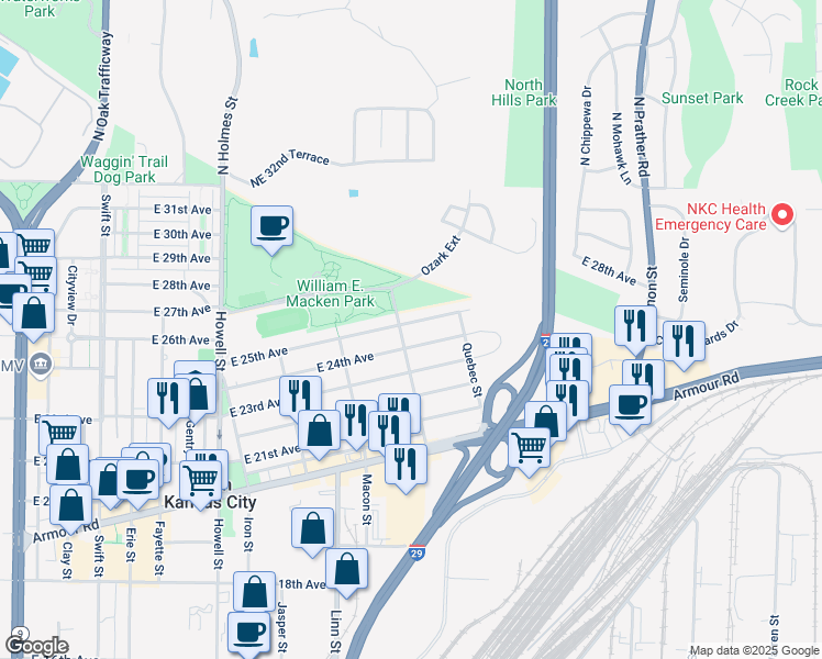 map of restaurants, bars, coffee shops, grocery stores, and more near 1422 East 25th Avenue in North Kansas City