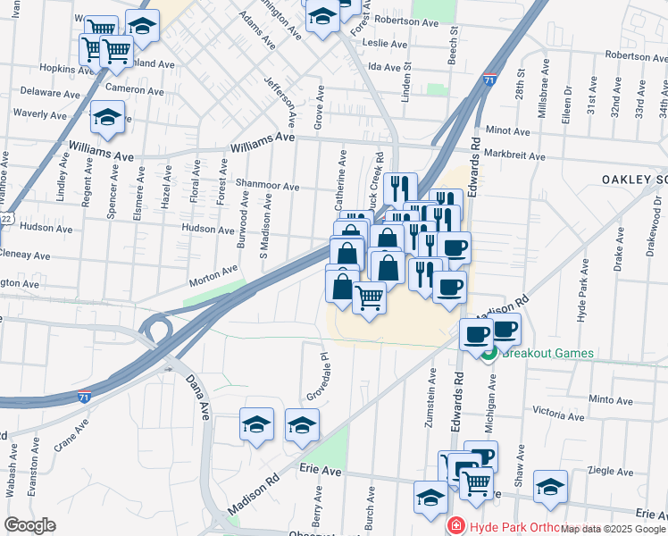 map of restaurants, bars, coffee shops, grocery stores, and more near 2633 Edmondson Road in Cincinnati