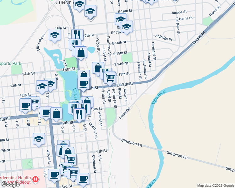 map of restaurants, bars, coffee shops, grocery stores, and more near 106 East 12th Street in Marysville