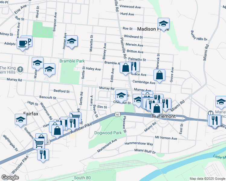 map of restaurants, bars, coffee shops, grocery stores, and more near 6740 Murray Avenue in Cincinnati
