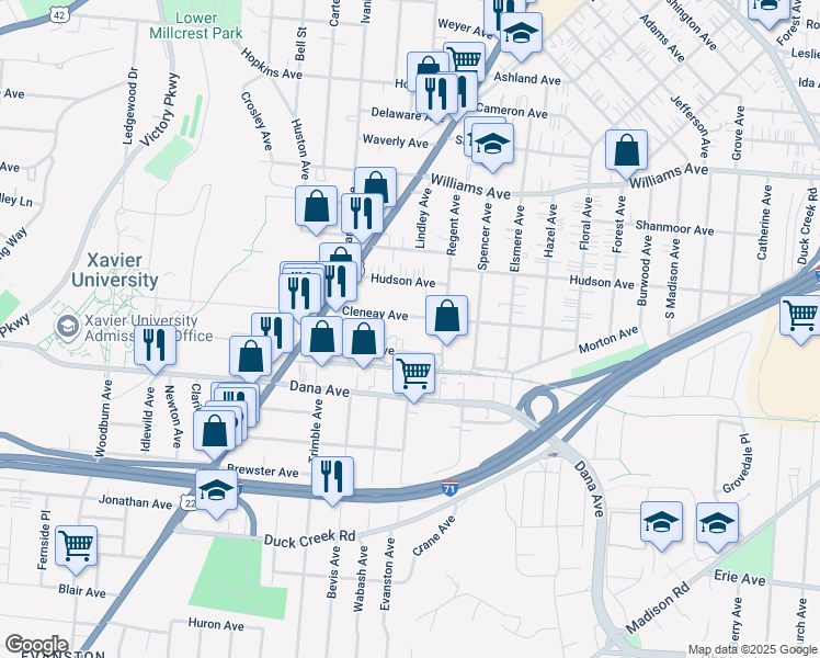 map of restaurants, bars, coffee shops, grocery stores, and more near 2008 Cleneay Avenue in Cincinnati