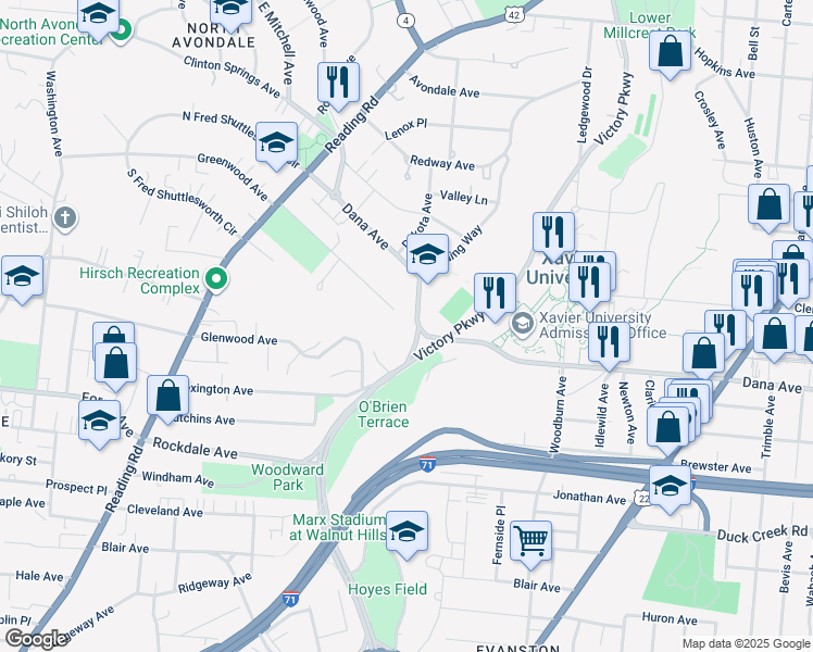 map of restaurants, bars, coffee shops, grocery stores, and more near 1027 Dana Avenue in Cincinnati