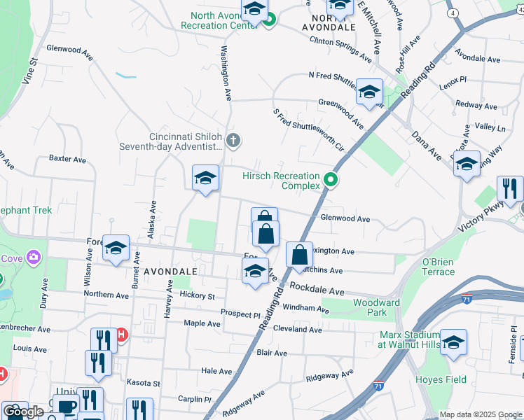 map of restaurants, bars, coffee shops, grocery stores, and more near 656 Glenwood Avenue in Cincinnati