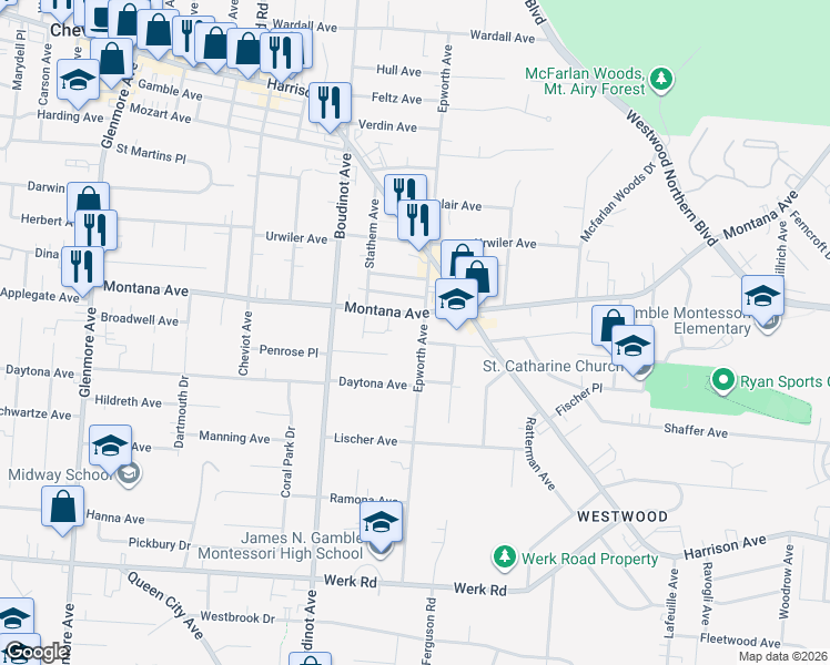 map of restaurants, bars, coffee shops, grocery stores, and more near 3017 Harrison Avenue in Cincinnati