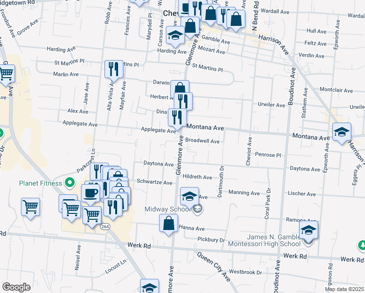 map of restaurants, bars, coffee shops, grocery stores, and more near 3306 Broadwell Avenue in Cincinnati